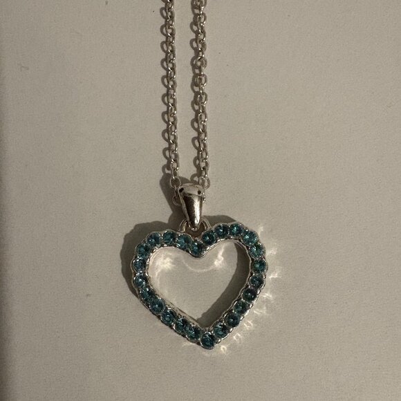 Blue Rhinestone Heart Silver Necklace - Picture 1 of 2